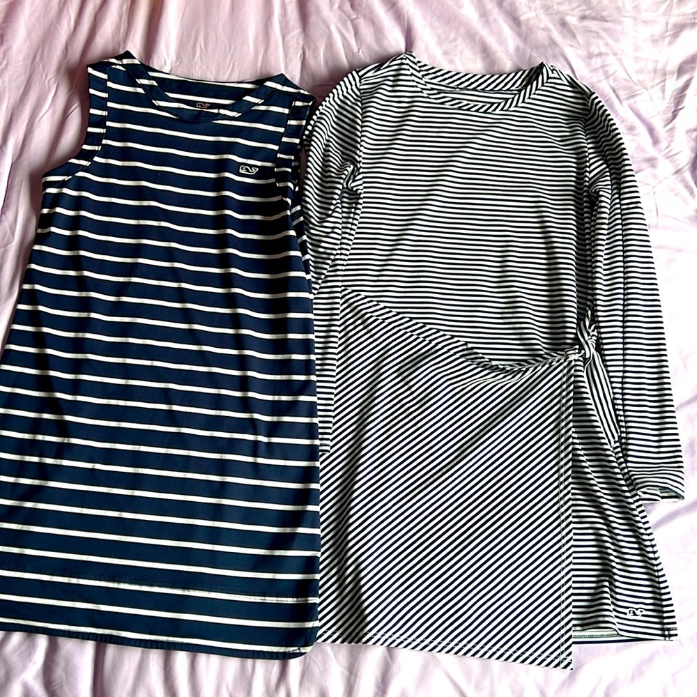 2- girls vineyard vine dresses. Both navy and white, size small and medium